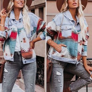 Vintage Aztec Oversized Embroidered Denim Jacket